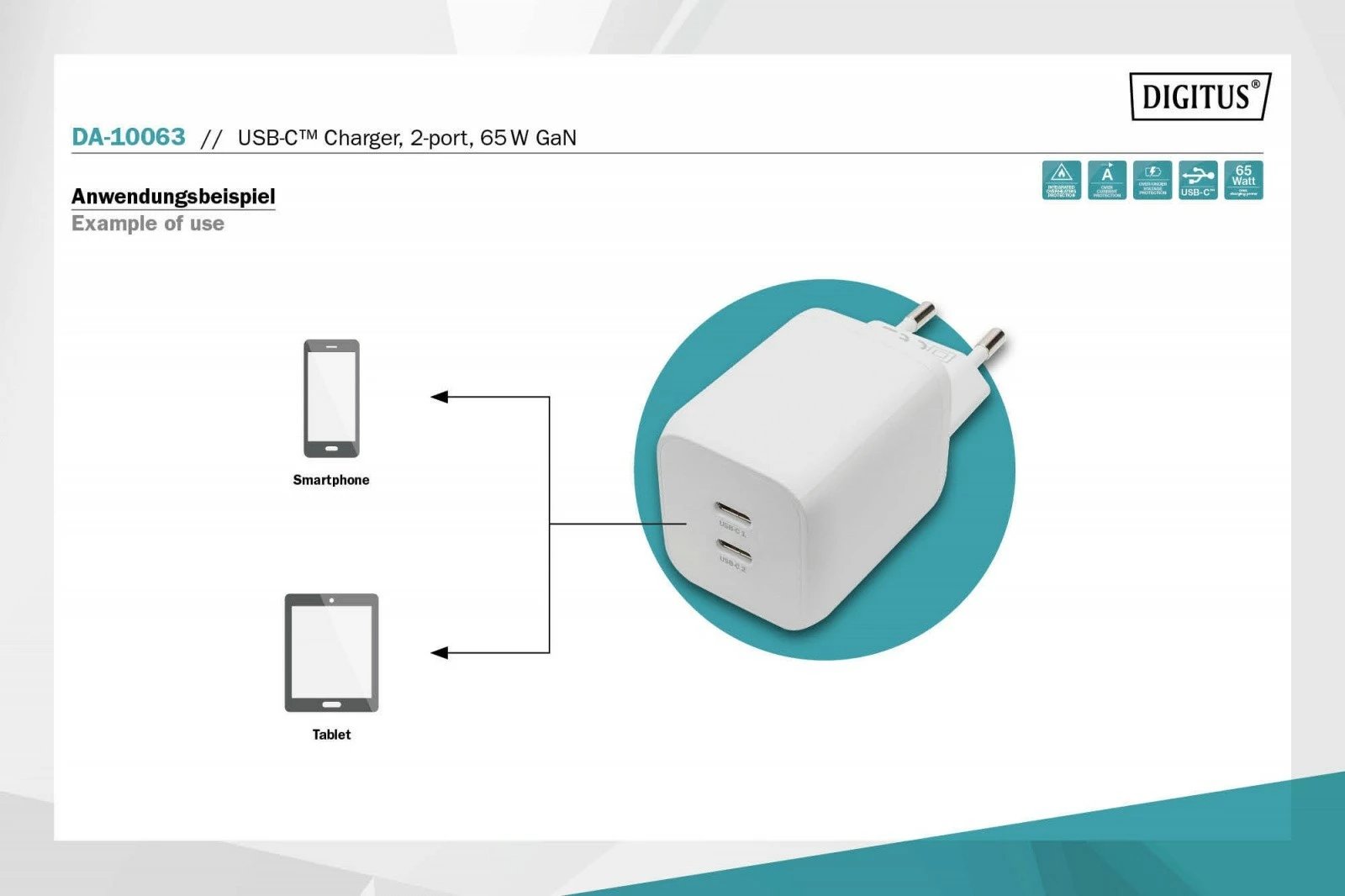 Karikues rrjeti Digitus DA-10063, 2x USB-C PD 3.0, 65W, Bardhë