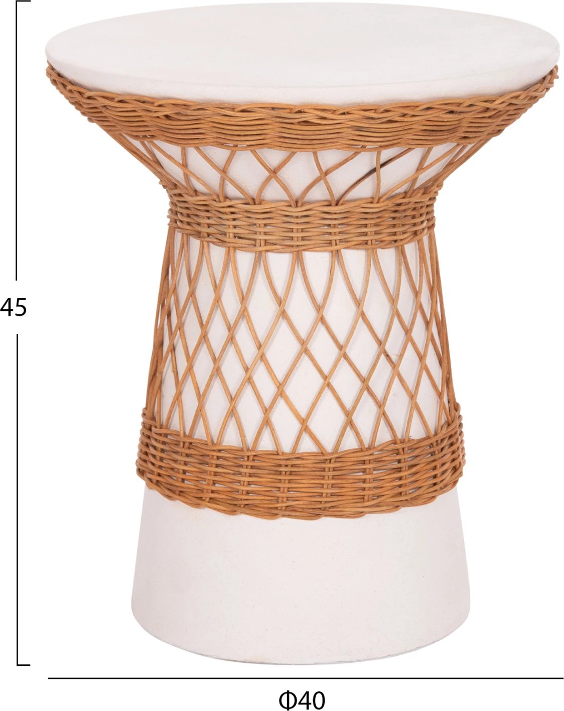 Tavolinë anësore e rrumbullakët Delia, çimento fiber e bardhë & ratan, FH18167.02, 40x45cm