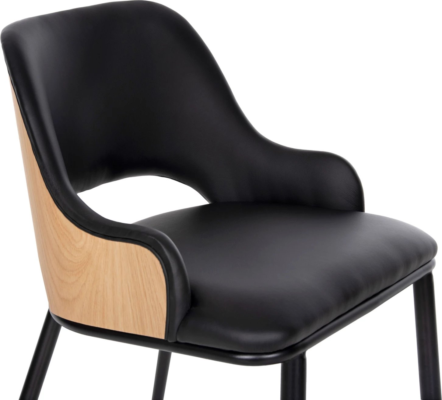 Karrige ngrënieje DELF FH9617.01 PU e zezë-këmbë metali të zeza-shpinë druri natyrale 48x55x76H cm., set prej 2 copë