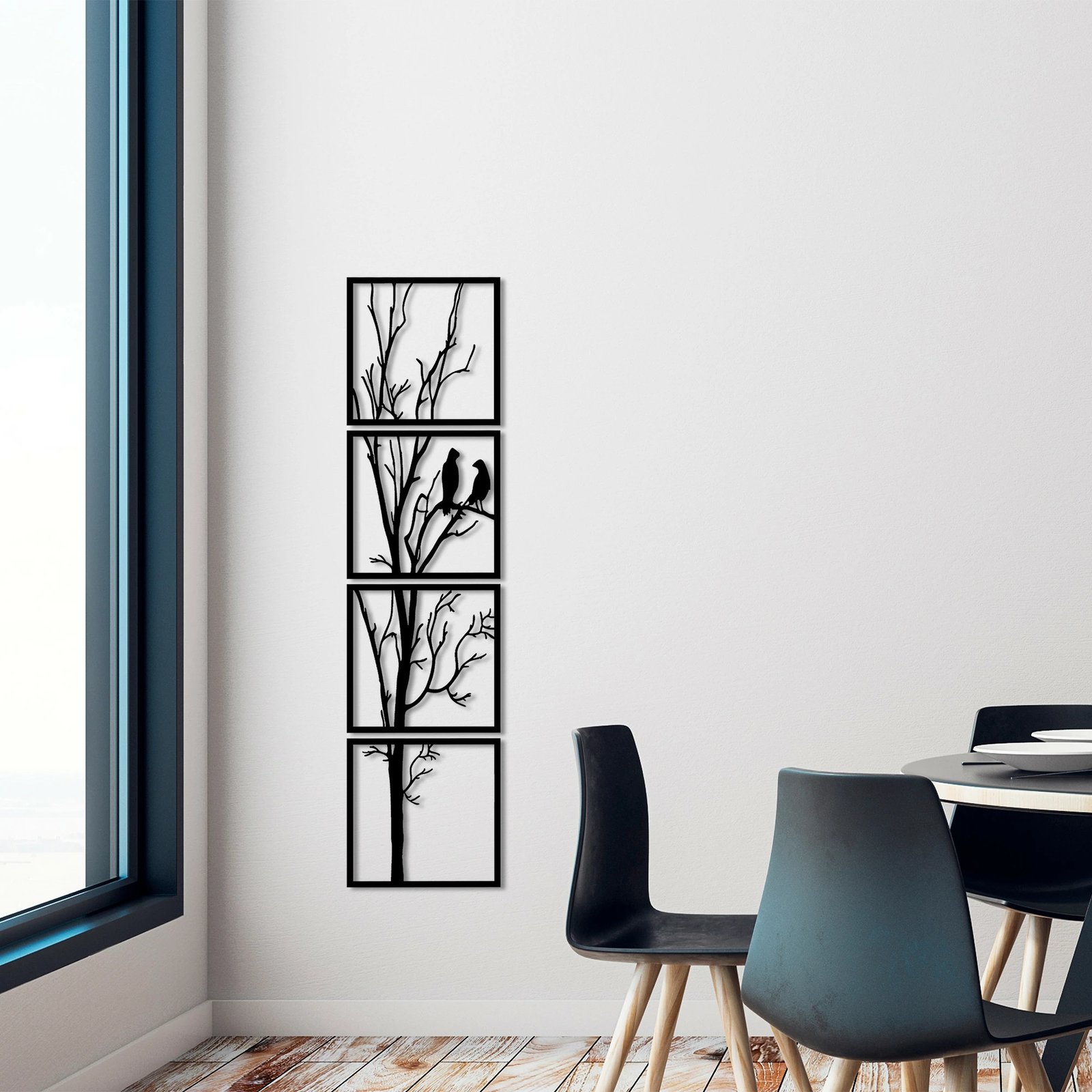 Aksesor dekorativ metalik për mur, dru dhe zogj, ngjyrë e zezë, 44x44cm (4 copë)