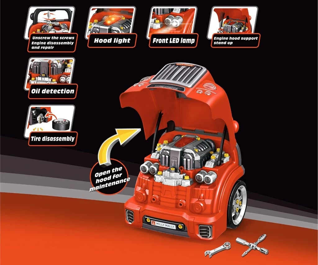 Lodër edukative model motori makine, Milly Mally N-GINE, set 56 copë, efekte dritë/tingull, STEM, 3+, e kuqe
