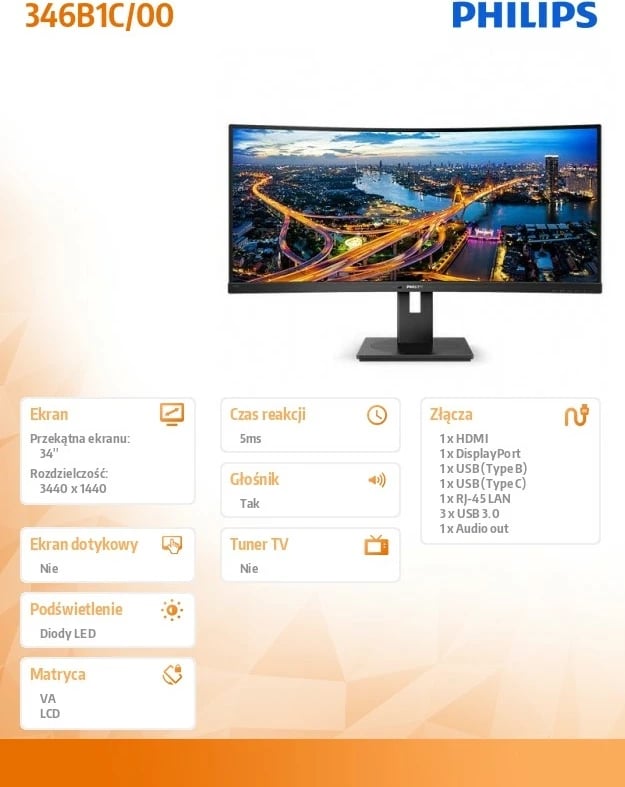 Monitor Philips 346B1C, 34", VA, Curved, UltraWide QHD, USB-C, HDMIx2, DPx2, i zi