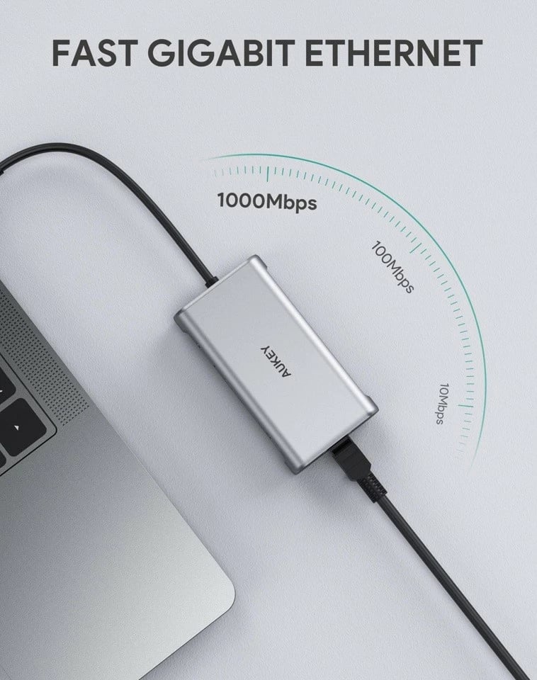 Kasë AUKEY CB-C91, 8-në-1, USB-C, HDMI 4K, RJ45, 3x USB 3.1, SD/microSD, Power Delivery 100W, Alumini, Argjend