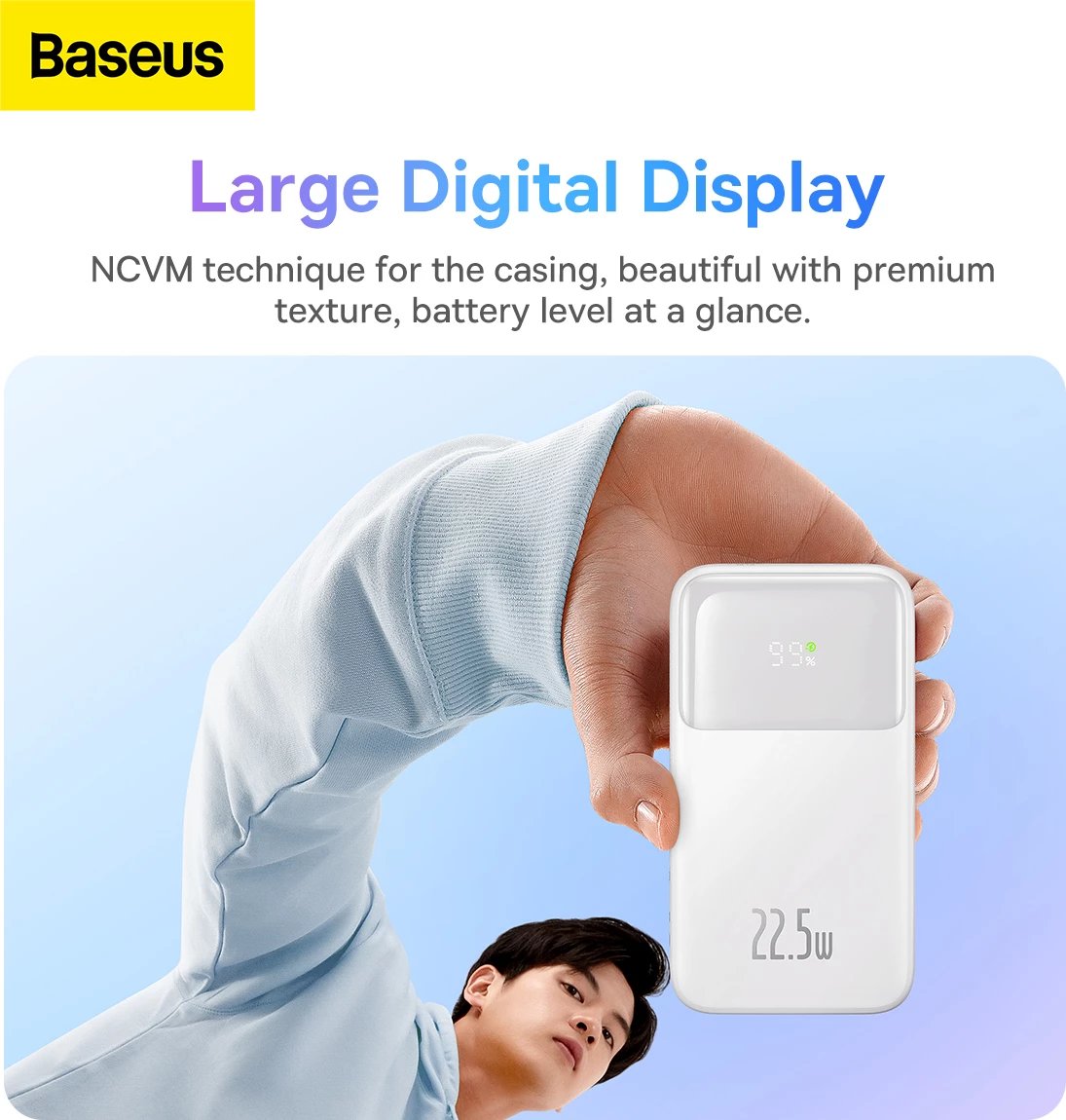Powerbank Baseus Comet Series PPMD020002, 10000mAh, 22.5W, me ekran, me kabllo USB-C dhe Lightning, e bardhë