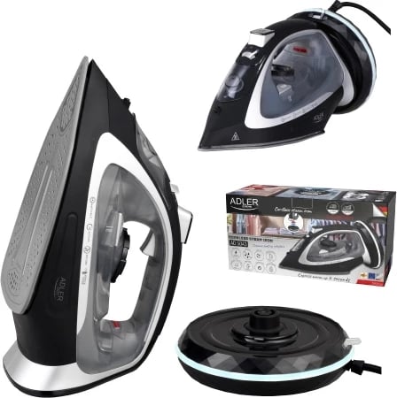 Hekur me avull pa kabllo 2-në-1, Adler AD 5043, 2800W, bazë qeramike 23.5x12 cm, depo uji 300 ml, zi/argjendtë