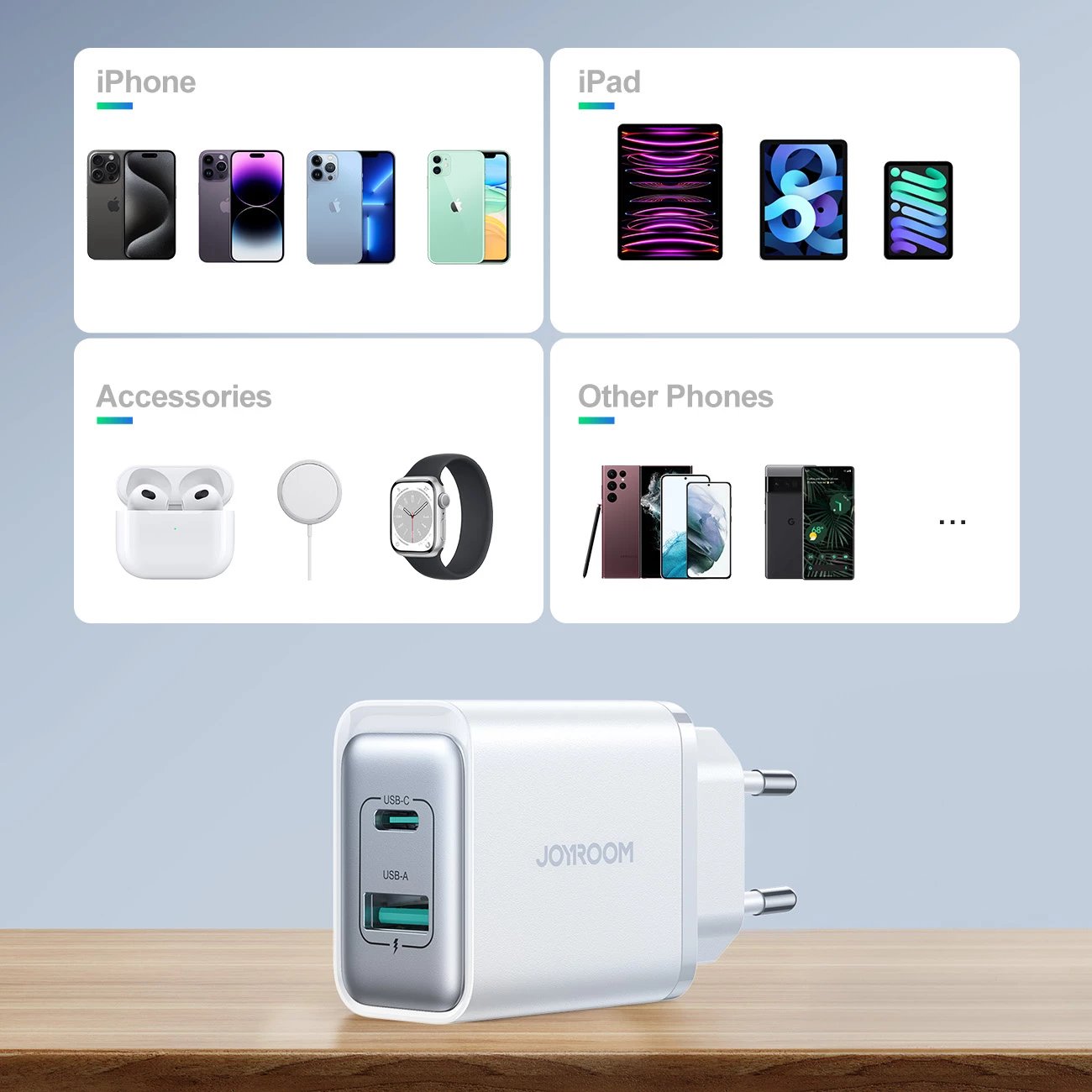 Karikues muri Joyroom JR-TCF15 30W USB-C/USB-A me 2 porta, prizë EU, i bardhë