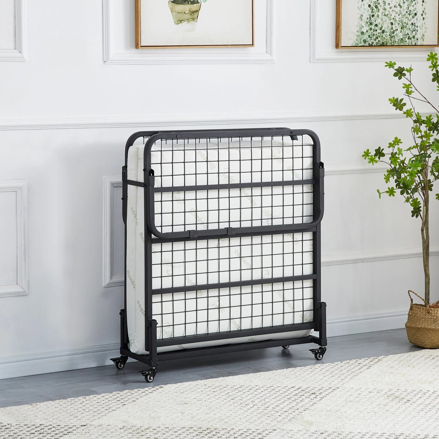 Shtrat portativ i palosshëm me dyshek, NETTI FH691.01, metal, ngjyrë e zezë matte, 190x76x30cm