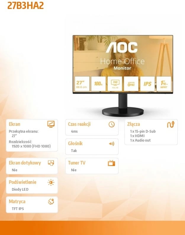 Monitor AOC 27B3HA2, 27", IPS, 100Hz, FHD, me altoparlantë, Zi