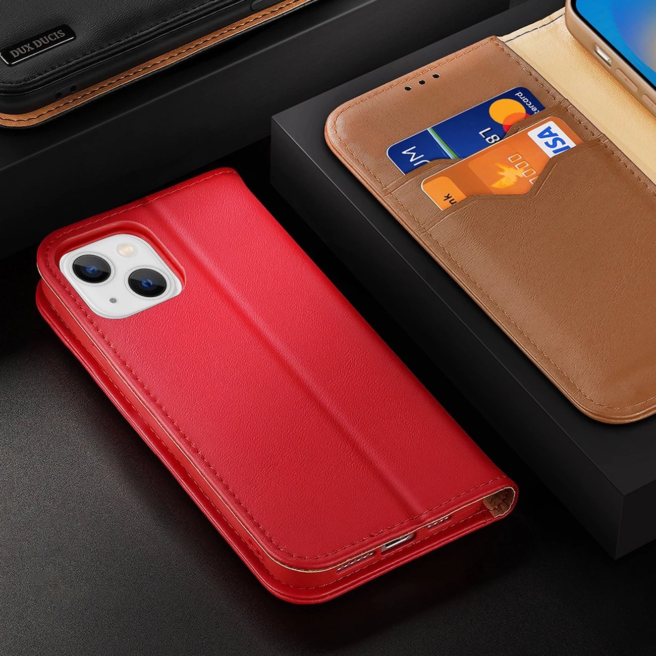 Mbështjellës Dux Ducis Hivo për iPhone 14 Plus, lëkurë natyrale, me xhepa dhe mbrojtje RFID, Kuq