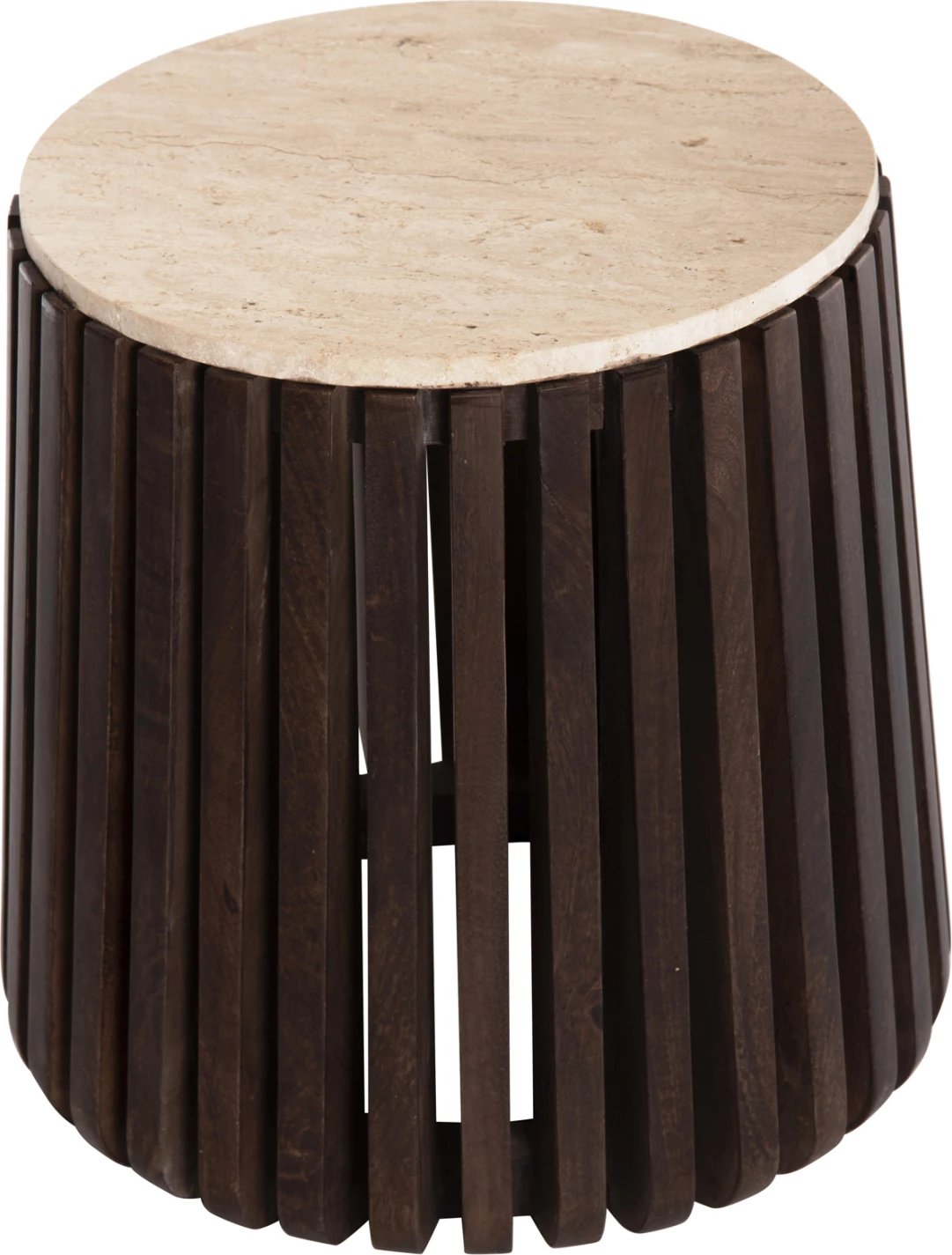 Tavolinë anësore KREST FH9711 dru akacie ngjyrë kafe e çelët-bardhë travertin Φ50x50Hcm