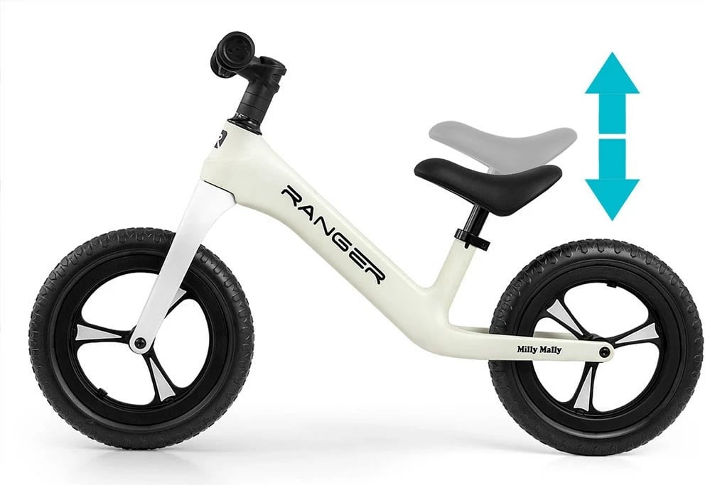 Biçikletë pa pedale fëmijësh, Milly Mally Ranger, rrota 12" EVA, kornizë kompozite, ulëse e rregullueshme, e bardhë