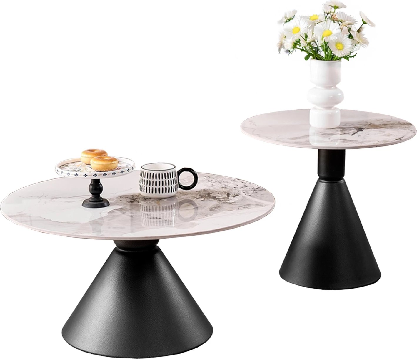 Set 2 tavolina kafeje JEN, metal i zi, gur sintetik Pandora, FH18305.02, 50cm & 70cm