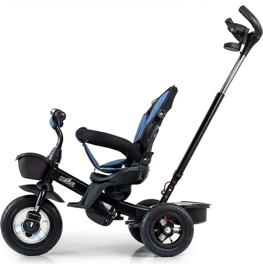 Tricikël me dorezë shtytëse, Milly Mally Movi, sedilje 360°, rrota të fryra, rripa 3‑pikësh, blu