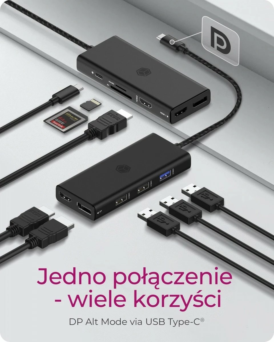 Docking station IcyBox IB-DK4011-CPD, 9-në-1, HDMI, DP, USB Type-C, e zezë