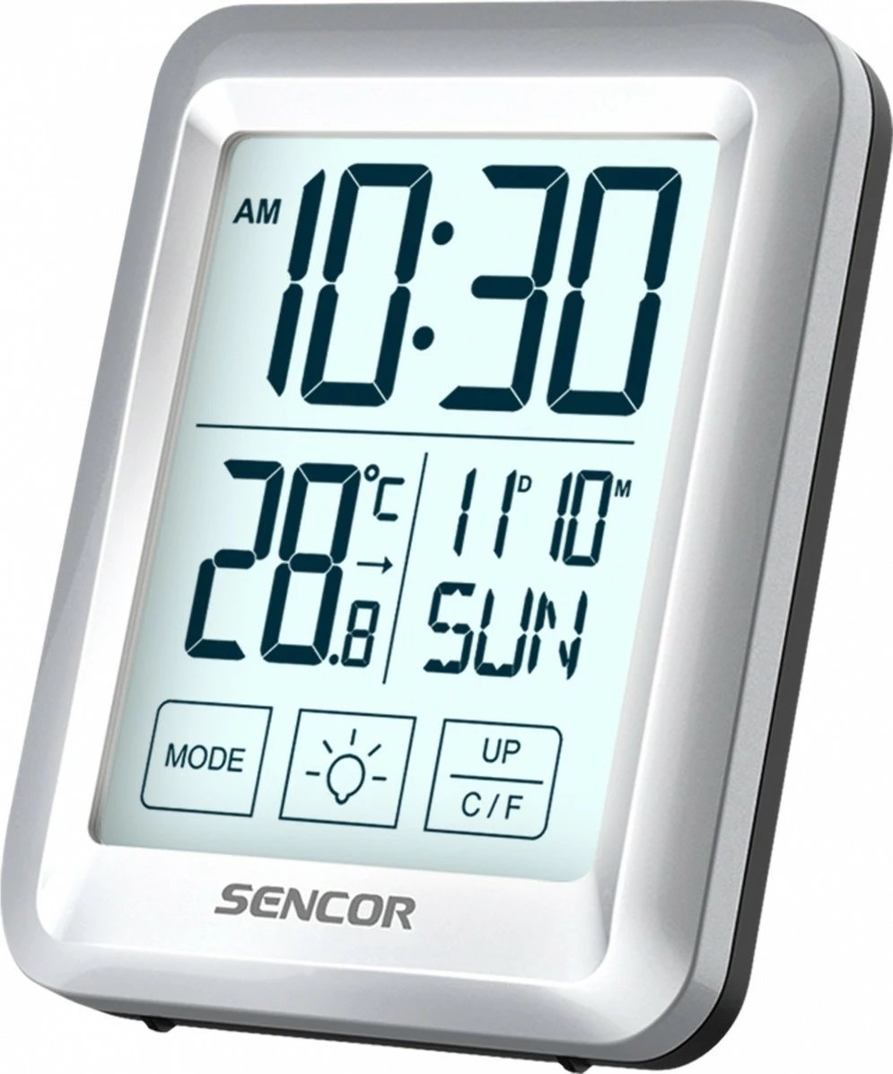 Termometër dhome Sencor SWS 1918 me orë dhe alarm, argjendtë