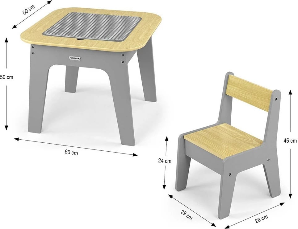 Set tavolinë dhe karrige fëmijësh, MILLY MALLY, Olaf Blocks, sipërfaqe e kthyeshme me tabelë shkumësi dhe hapësirë magazinimi, set 3-copësh, gri e errët