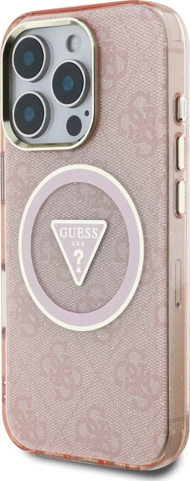 Mbështjellës Guess IML Metal Glitter 4G Circle Triangle MagSafe për iPhone 16 Pro Max, Rozë