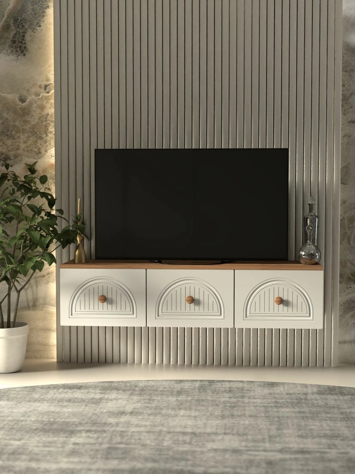 Komodë TV Skye Decor, Modena 135, ngjyrë Atlantic Pine dhe e bardhë