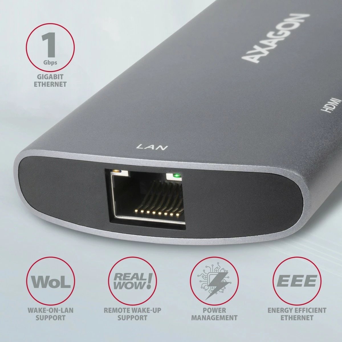 Kasë AXAGON HMC-6M2, multiport USB-C 3.2 Gen 1 hub, slot M.2 SATA, HDMI, GLAN, 2x USB-A, PD 100W, Gri