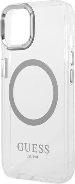 Mbështjellës Guess GUHMP14SHTRMS për iPhone 14 6.1", hardcase, MagSafe, argjendtë/transparent