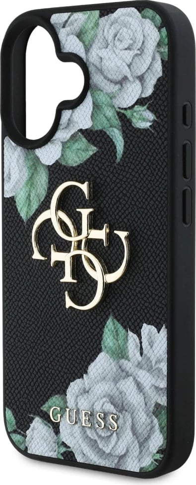Mbështjellës Guess Grained Roses Big 4G logo për iPhone 16, i zi Mbështjellës Guess Grained Roses Big 4G logo për iPhone 16, i zi