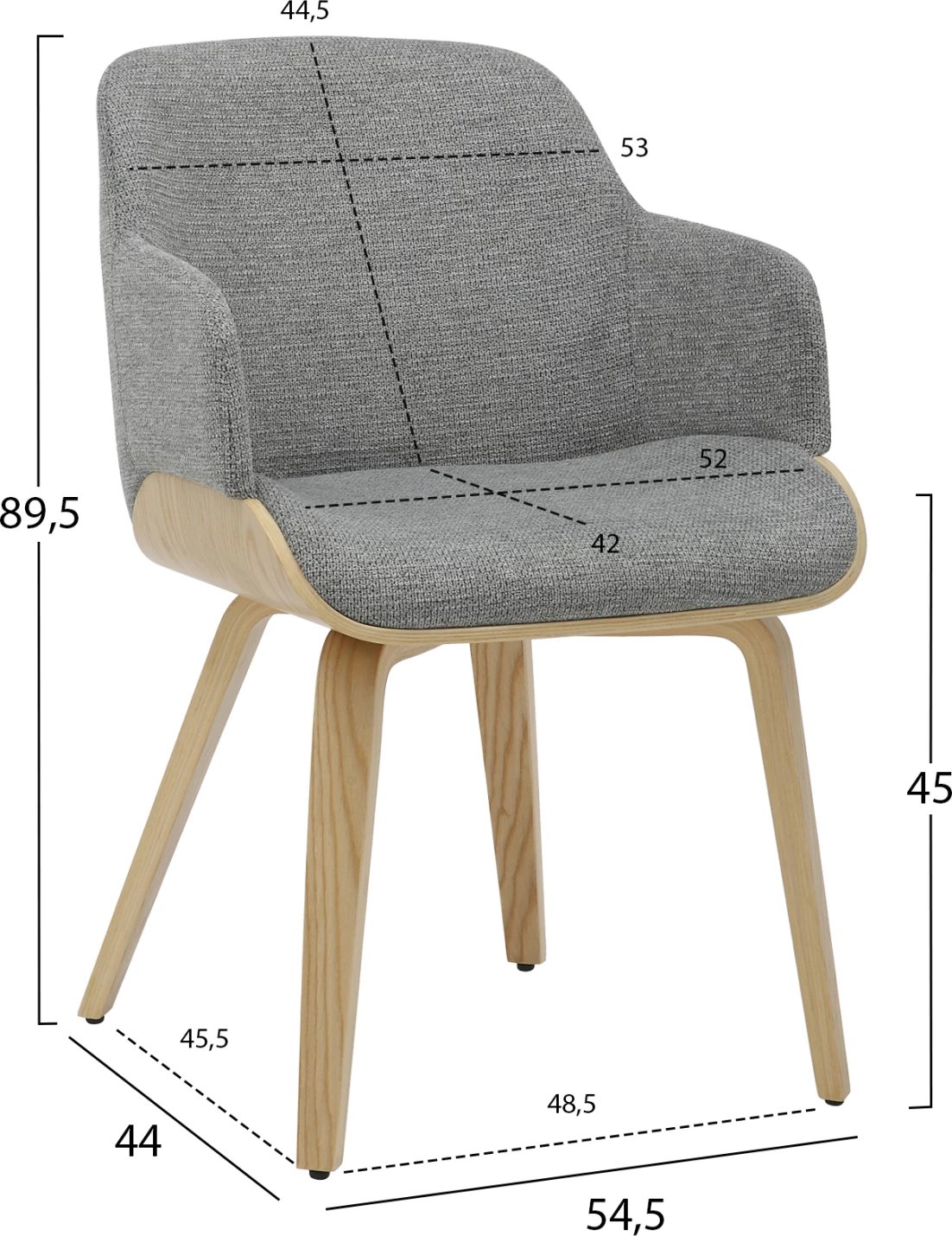 Karrige për tavolinë PRIETO FH9989.01, kornizë prej druri, pëlhurë gri, 54.5x44x89.5H cm