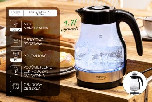 Zierëse uji, Adler CR 1300, 1.7 L, deri 2200W, xham, bazë 360°, ndriçim LED, e zezë