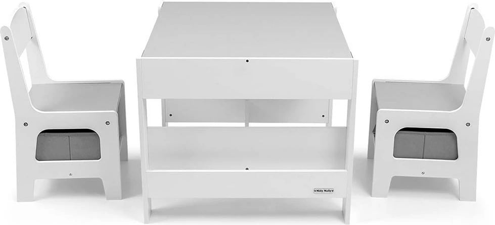 Set mobilje për fëmijë, Milly Mally Sven, tavolinë + 2 karrige, me depozitim dhe dërrasë për shkumës, e bardhë, set 3 pjesë