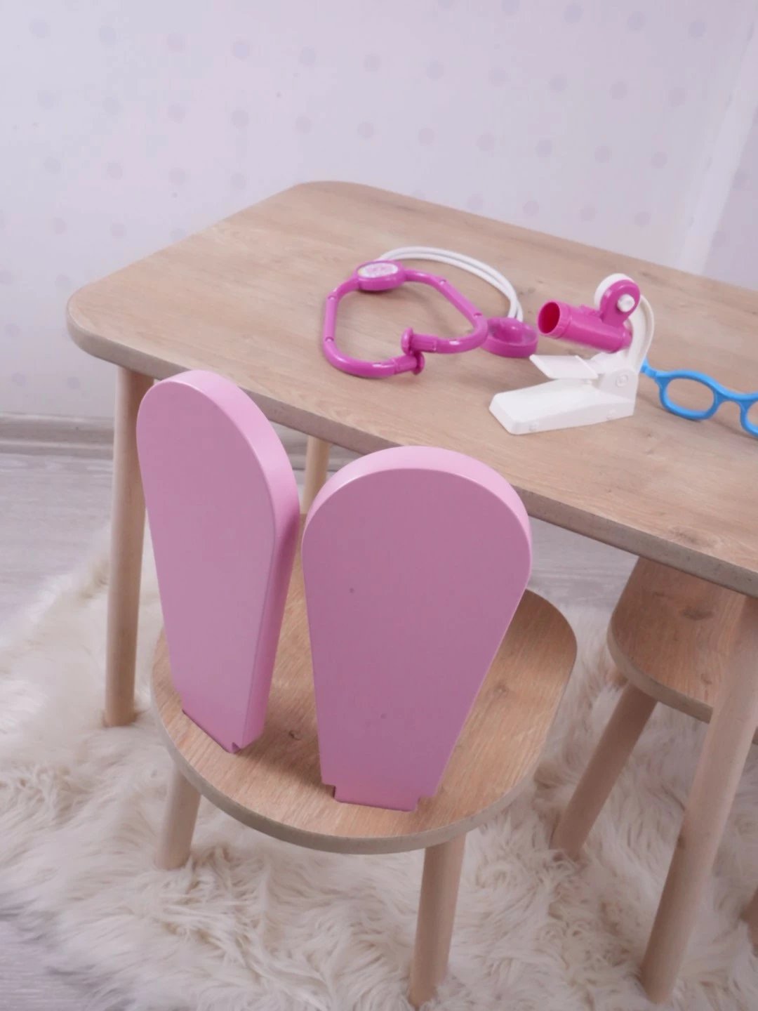 Set tavoline me dy karrige për fëmijë, Hanah Home, Bunny, rozë, kafe