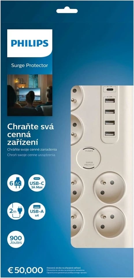 Prizë mbrojtëse Philips SPN7060WA/60, 6 dalje, 5 USB, 2m, Bardhë