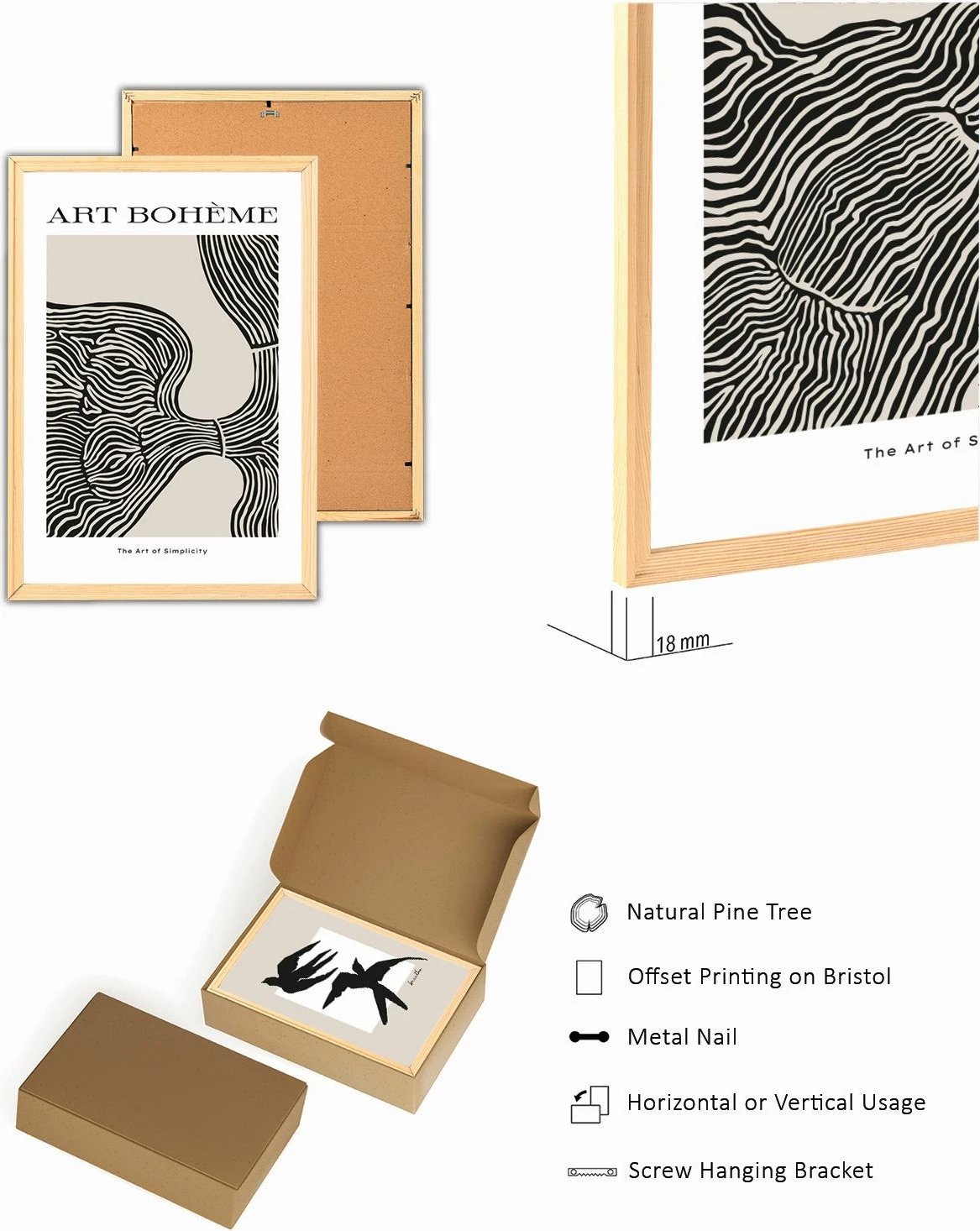 Pikturë dekorative me kornizë, set prej 3 copash, Wallity, Myk3004-3