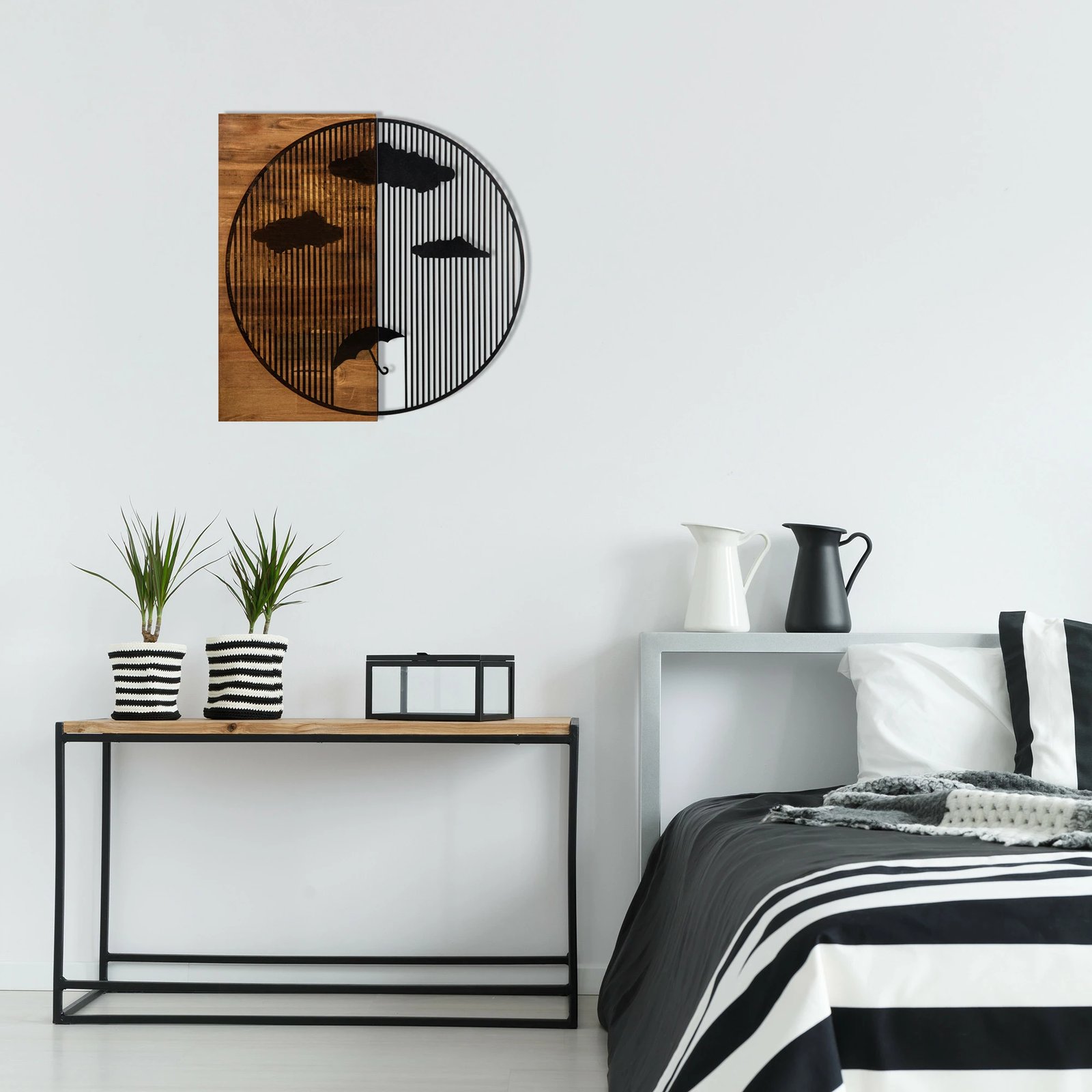 Aksesor dekorativ për mur, dru dhe metal, Wallity Yagmurlar, ngjyrë e zezë dhe arre, 58x58cm