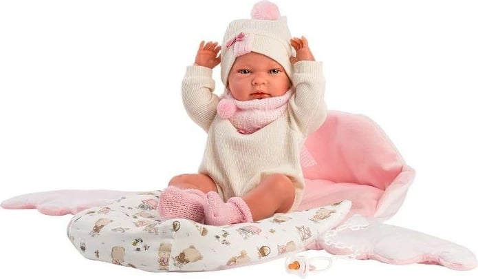 Kukull bebe Llorens Nica 40 cm, trup vinili i butë, e banojshme, set me Thes gjumi dhe aksesorë, rozë