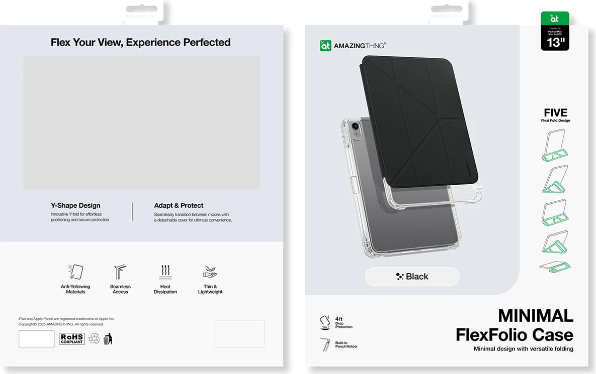 Mbështjellës tabletë AmazingThing Minimal Case për iPad Air 13" M3 (2025), me qëndrim, mbajtës Apple Pencil, pjesë e pasme transparente, i zi