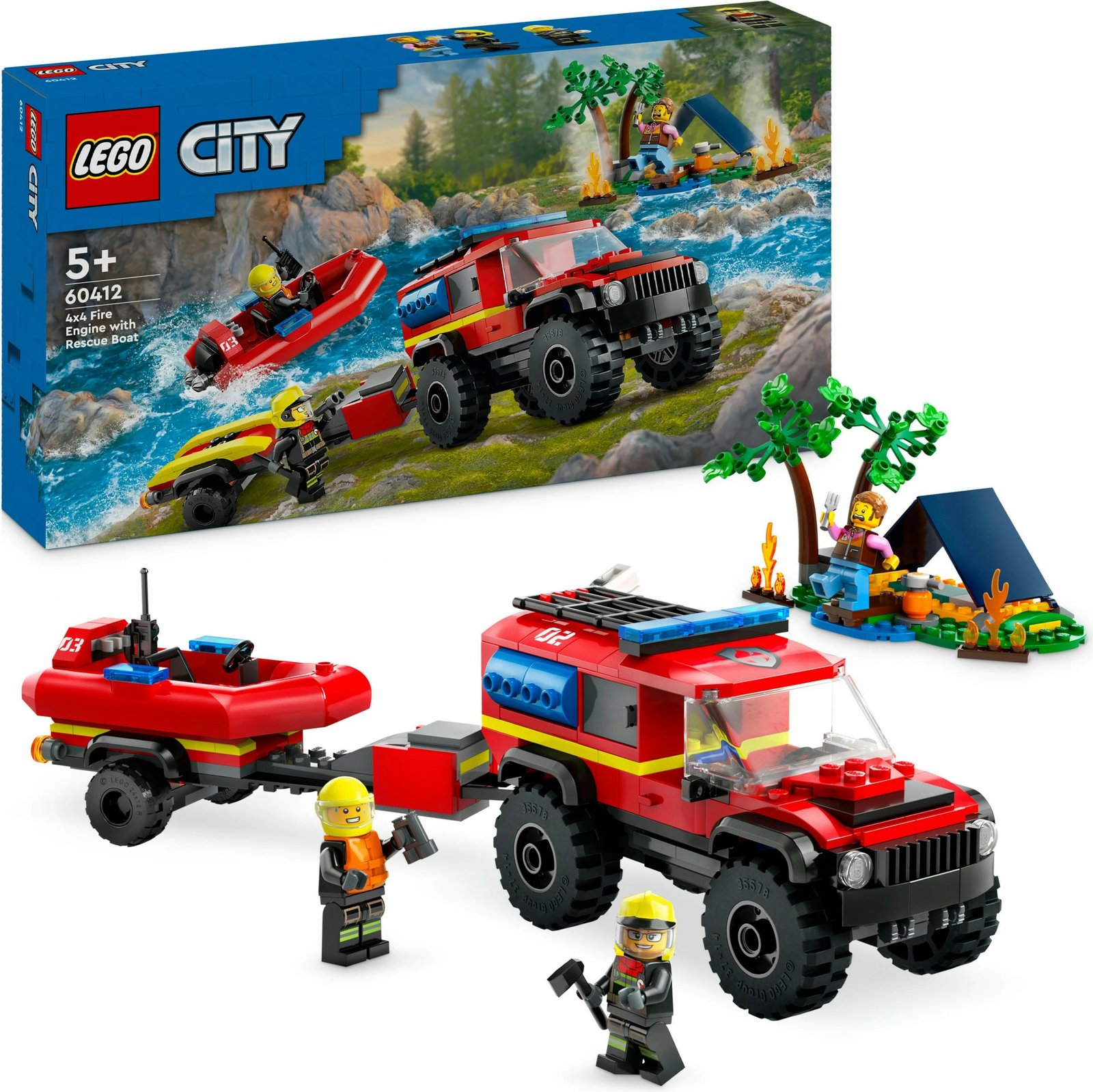 Set ndërtimi LEGO City 4x4 Kamion Zjarri me Varkë Shpëtimi 301 pjesë, multingjyrësh