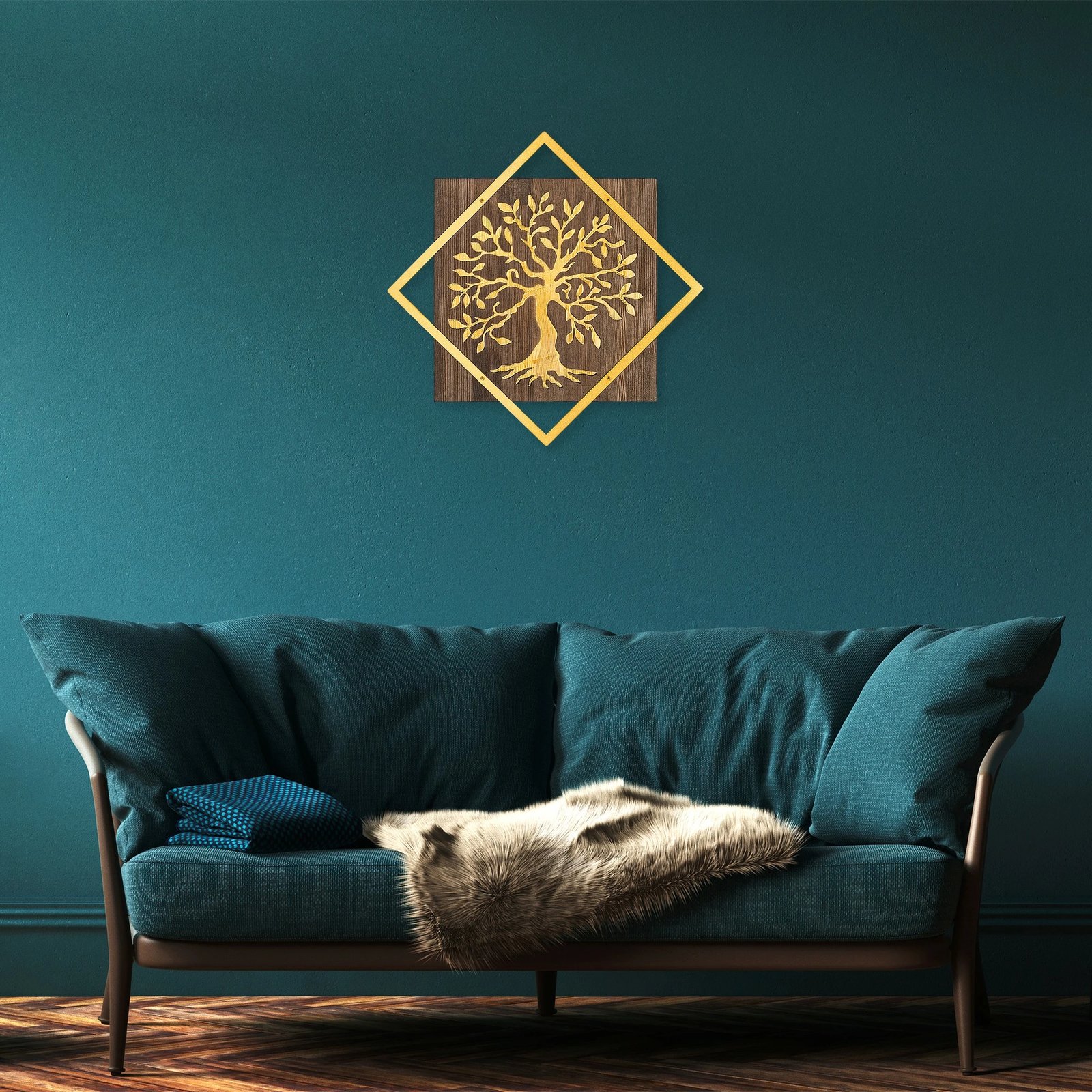 Aksesor dekorativ për mur, dru dhe metal, pemë, ngjyrë arre dhe ari, Wallity, 54x54cm