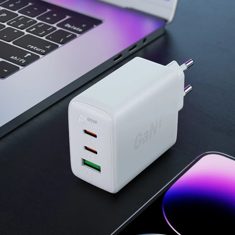 Karikues i shpejtë murit Acefast A41, 65W, 2x USB-C / USB-A, i bardhë