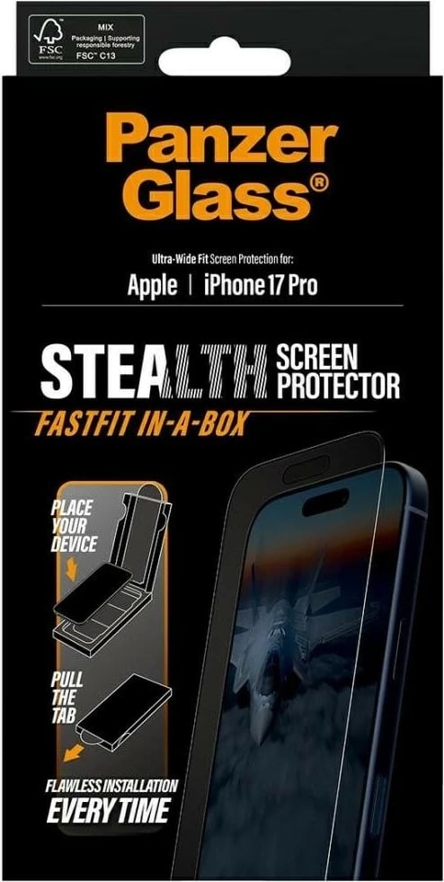 Mbështjellës xhami PanzerGlass Stealth Ultra-Wide Fit Fastfit për iPhone 17 Pro transparent