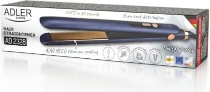 Drejtues flokësh Adler AD 2328, pllaka titan 25x110 mm, 150–230°C, 50 W, ngrohje e shpejtë, ekran LED, kabllo 360°, Gold/Navy blue