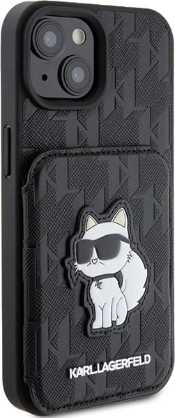 Mbështjellës Karl Lagerfeld Saffiano Cardslots & Stand Monogram Choupette për iPhone 15, i zi