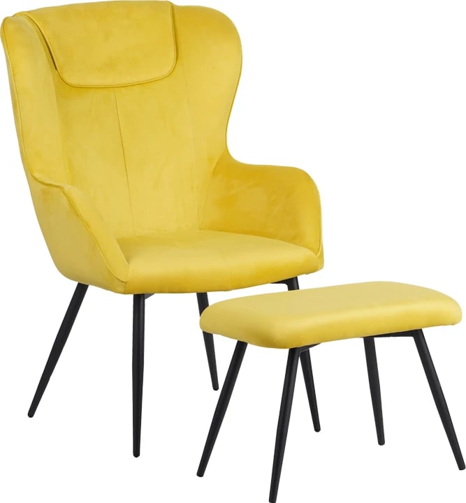 Karrige me mbështetëse për këmbë Rueda kadife ngjyrë e verdhë me këmbë metali të zezë 71.5x66.5x99cm