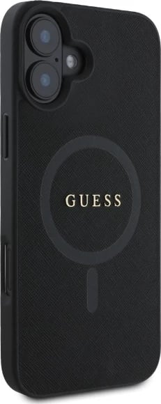 Mbështjellës Guess Saffiano Classic Logo MagSafe për iPhone 16, i zi Mbështjellës Guess Saffiano Classic Logo MagSafe për iPhone 16, i zi