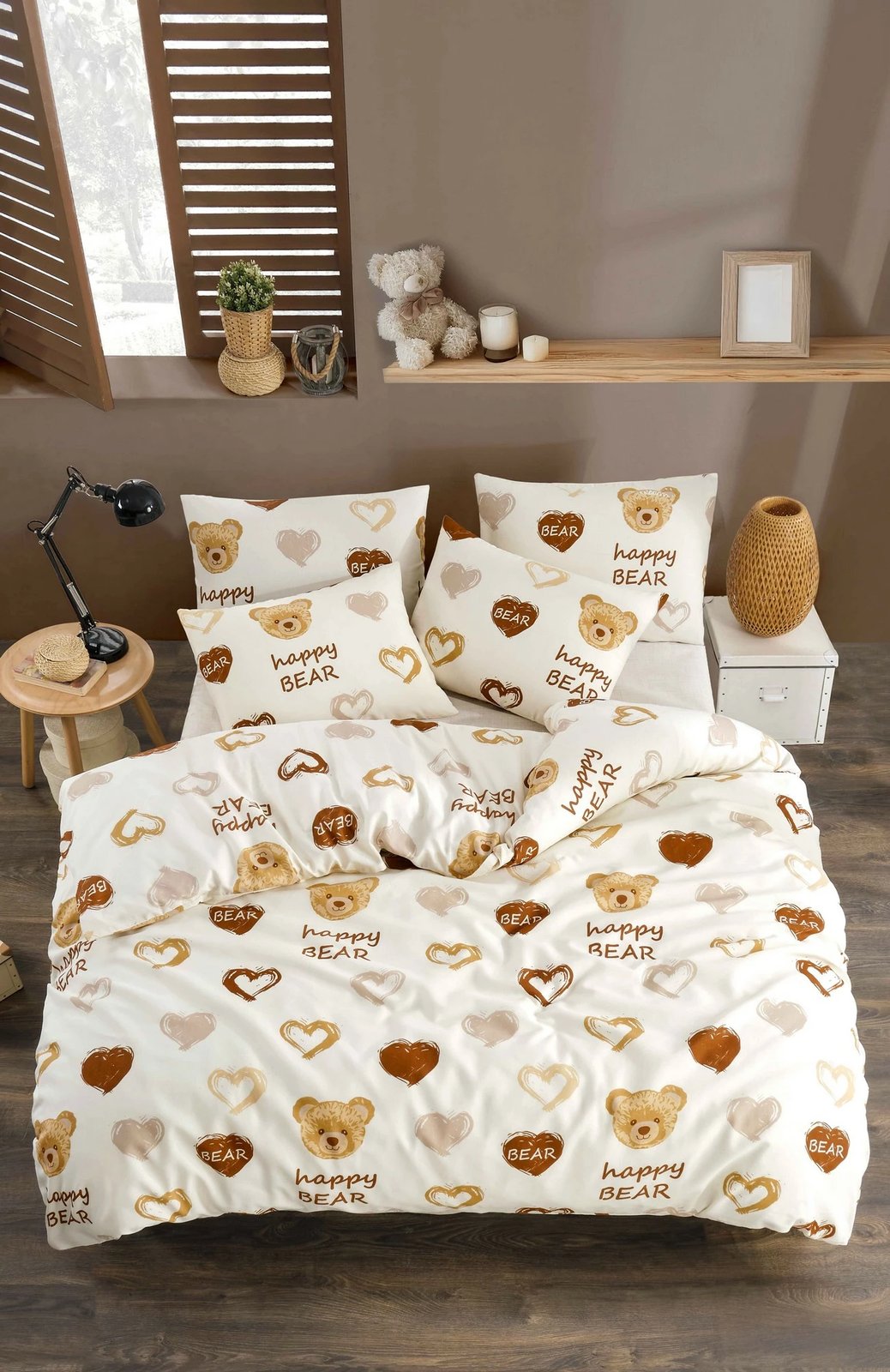 Set mbulesë jorgani Single XXL, L'essentiel, zemër arushi, ngjyra mustard, e bardhë, gri, rozë