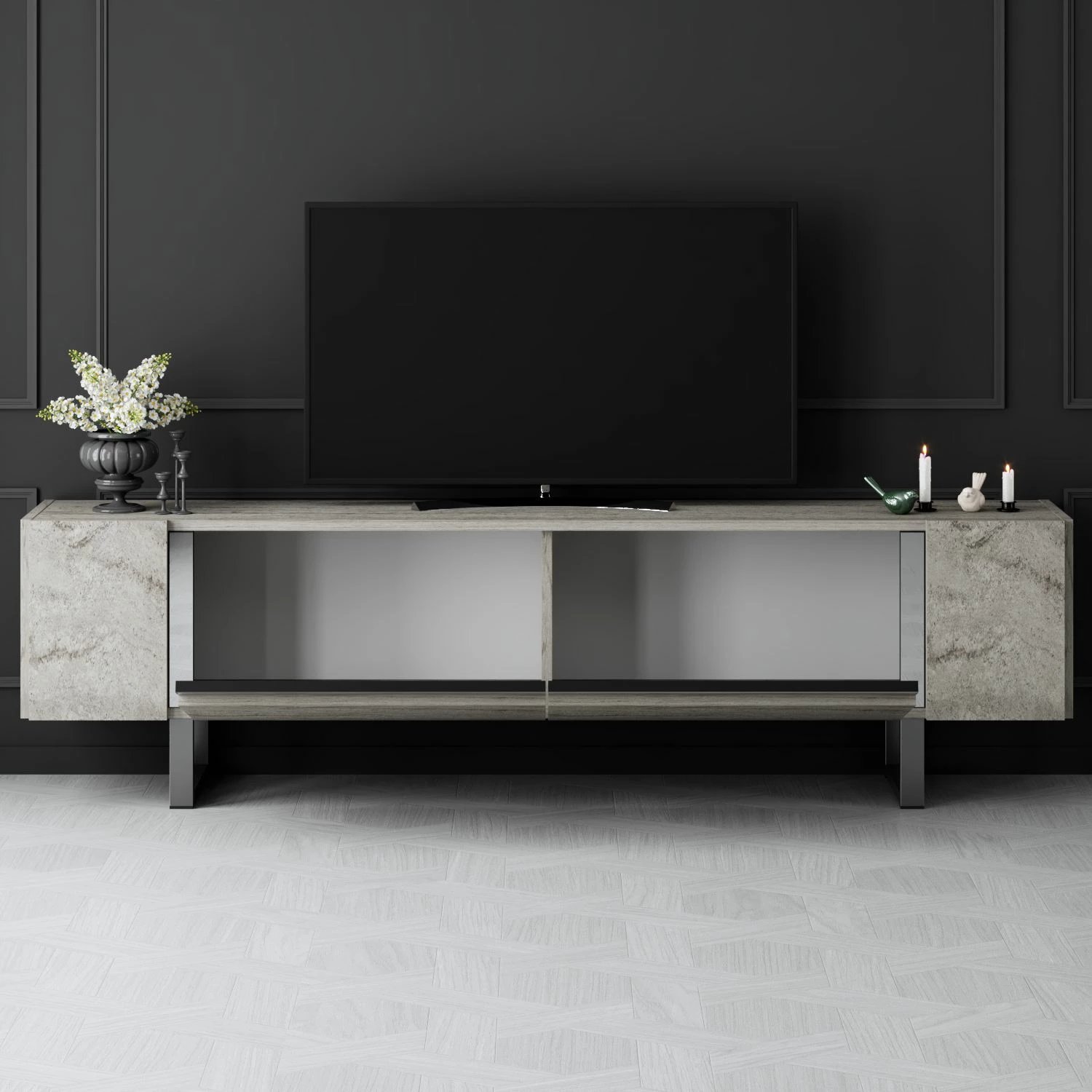 Komodë TV Hanah Home, Yildiz, travertin, argjend