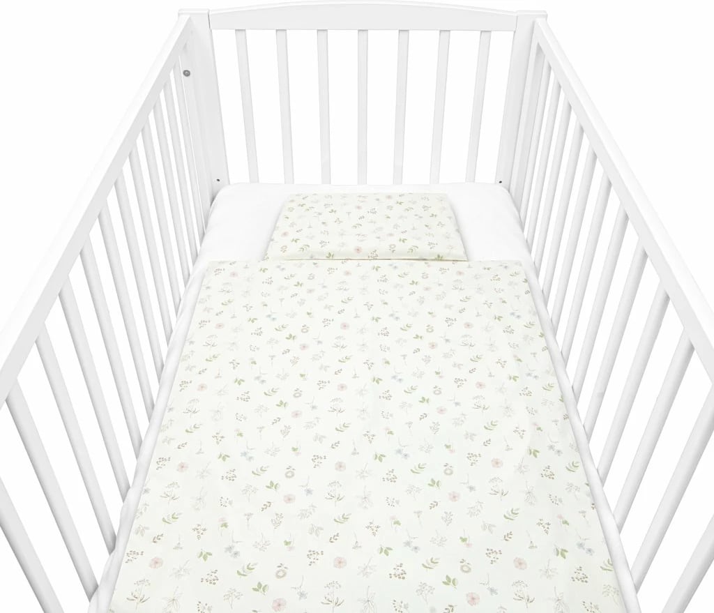 Komplet shtroje bebe për krevat, New Baby Zoe, 100x135 cm + 40x60 cm, pambuk 100%, e bardhë me lule, set 2-pjesësh