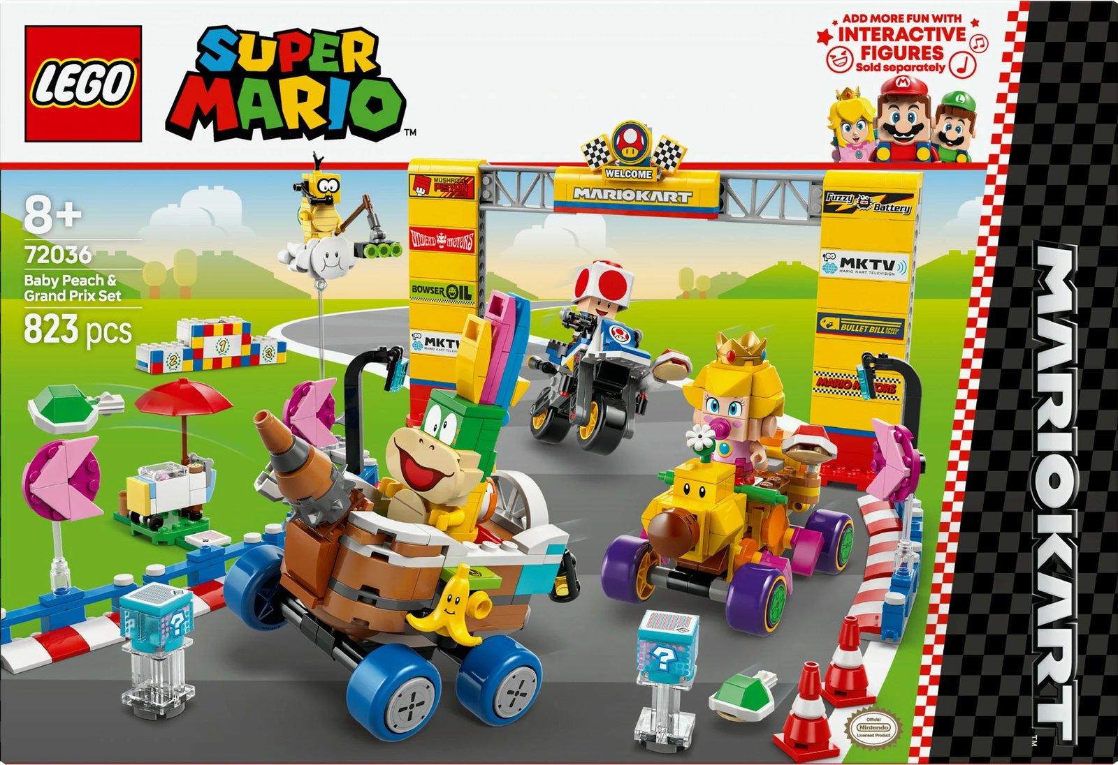 Set ndërtimi LEGO Super Mario Mario Kart Baby Peach & Grand Prix 823 pjesë, multingjyrësh