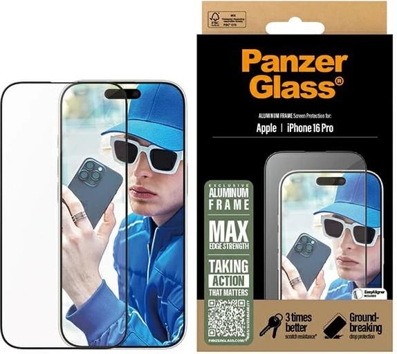 Mbrojtës ekrani PanzerGlass me kornizë alumini për iPhone 16 Pro 6.3" Ultra-Wide Fit