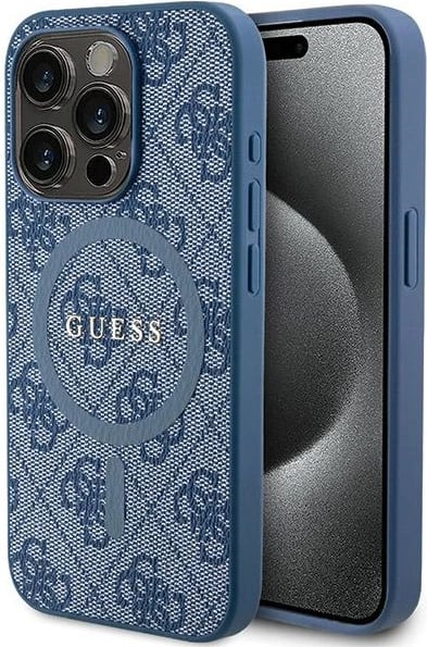 Mbështjellës Guess 4G Collection Leather Metal Logo MagSafe për iPhone 14 Pro, Kaltër
