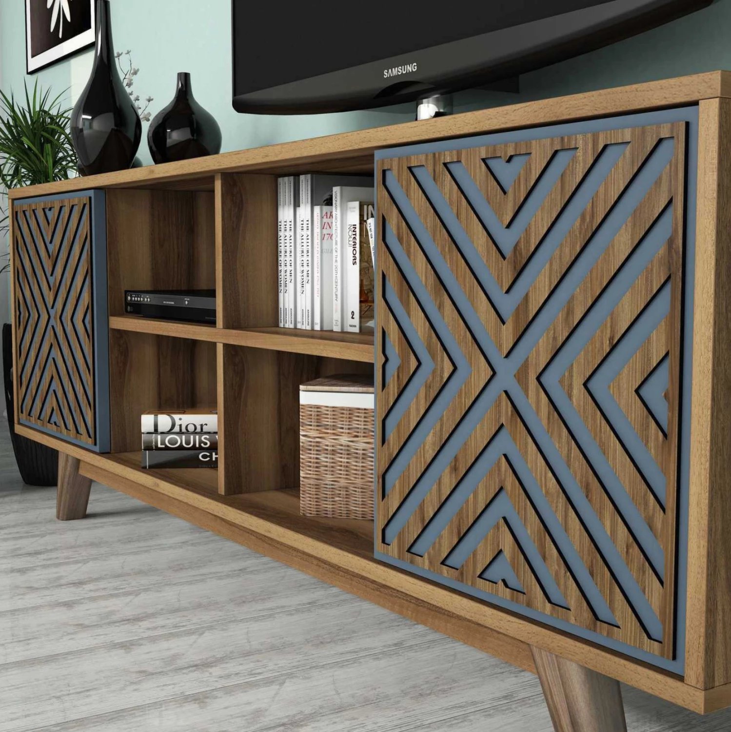 Set mobiljesh për TV, ngjyrë arre dhe qielli, FH9516.02, 160x35x56.2 cm