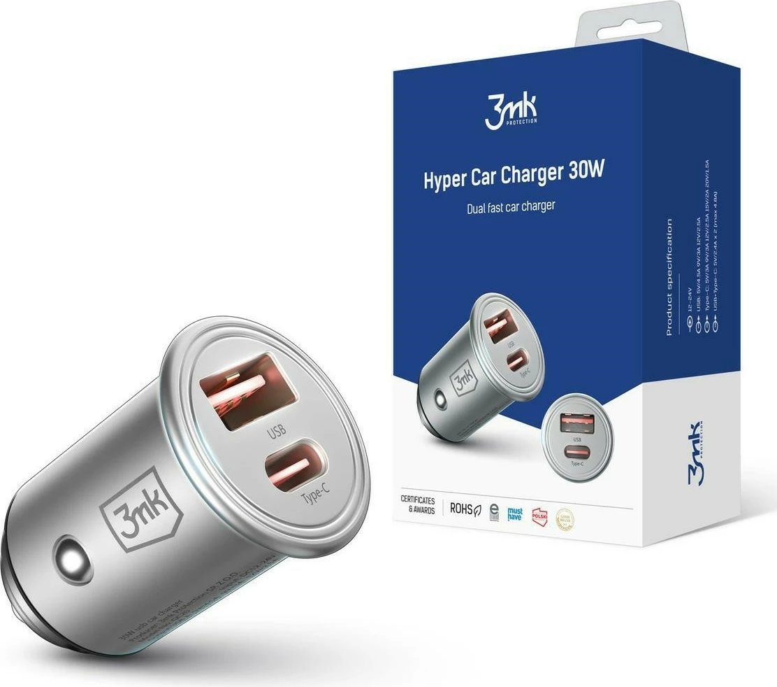 Karikues veture 3MK Hyper Car Charger 30W, 1x USB-C + 1x USB-A, Argjend